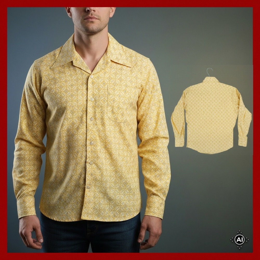 Vintage Kmart Mens Shirt M Yellow Geometric Amart Retro‎ 70s Easy Care